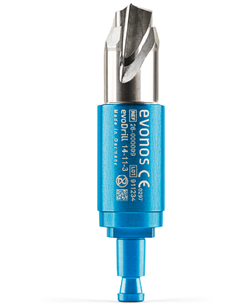 evoDrill single-use cranial perforator (11/14 mm) by evonos (Germany), available in Pakistan from National Enterprises for neurosurgical trepanation.